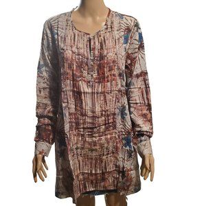 NEW Tolani Collection Sz M Floral Printed Woven Tunic Pleated Ivory Blue Modal